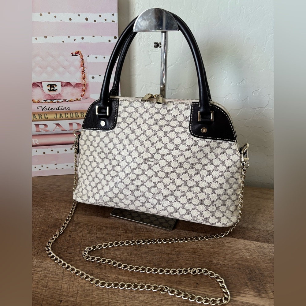 Celine Coated Canvas Macadam Dome Bag Cream and Dark Brown Bag with Gold Accents